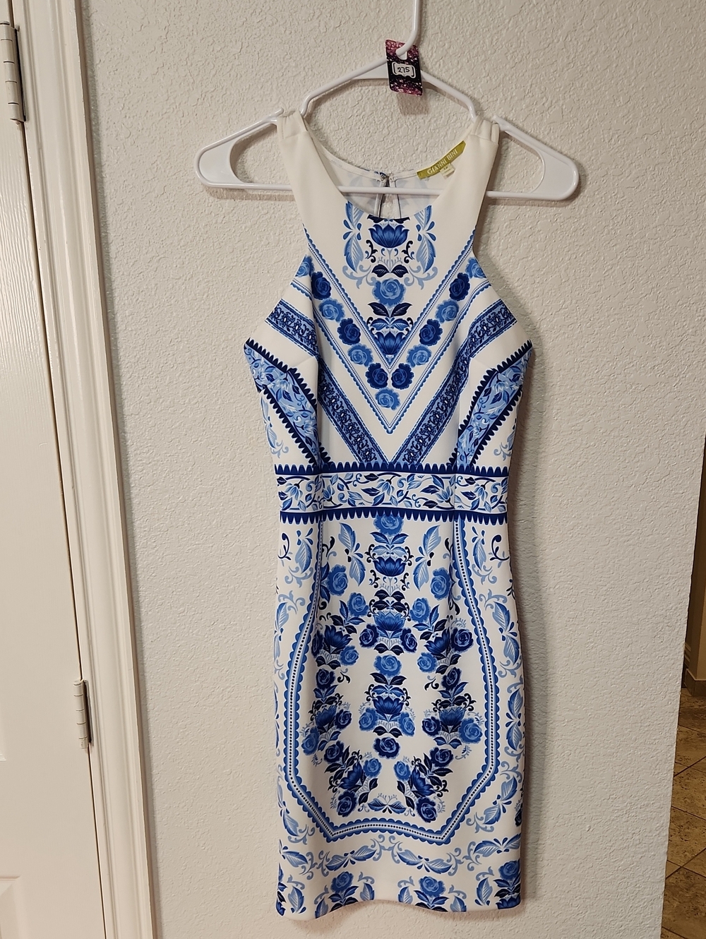 275.Gianni Bini White & Blue Floral Halter Mini Dress - Picture 2 of 5